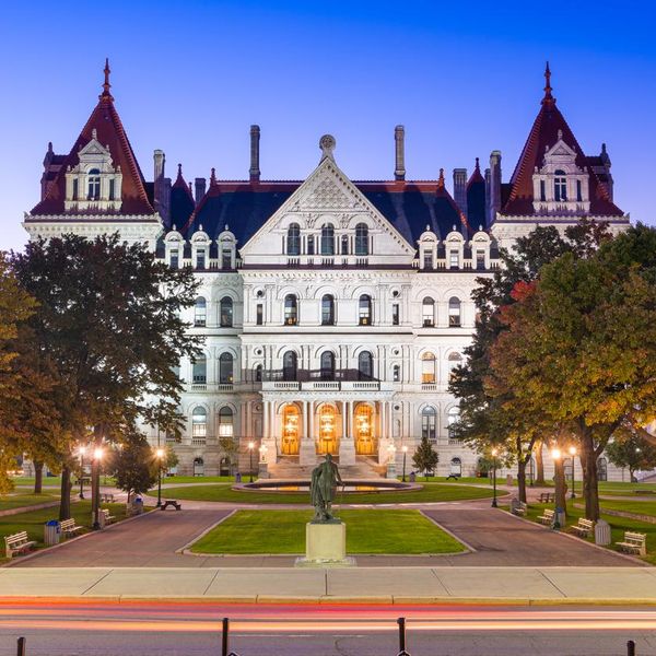 Albany, New York, USA at the New York State Capitol at twilight.